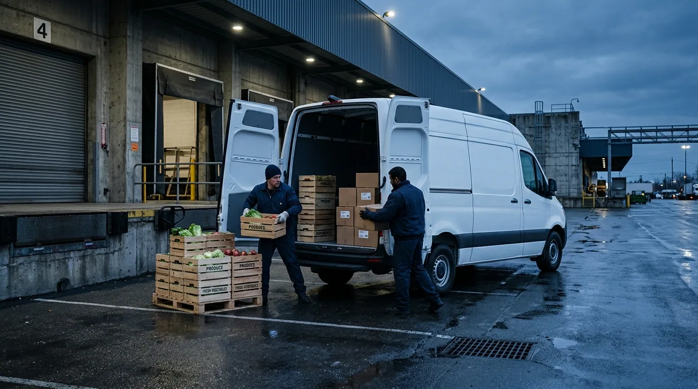 Camioneta de reparto cargando cajones en el depósito